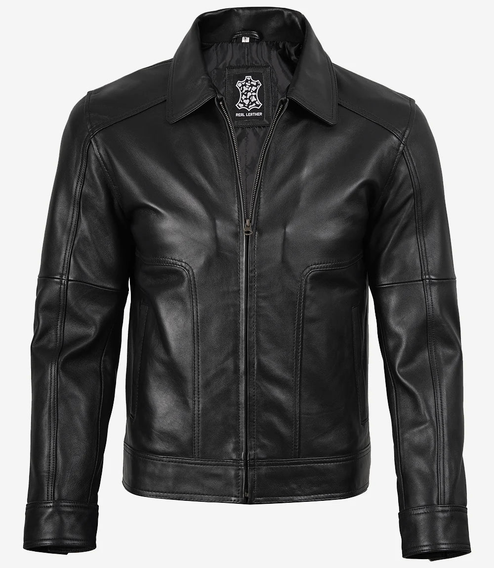 Klassische schwarze Lederjacke mit Hemdkragen für Herren