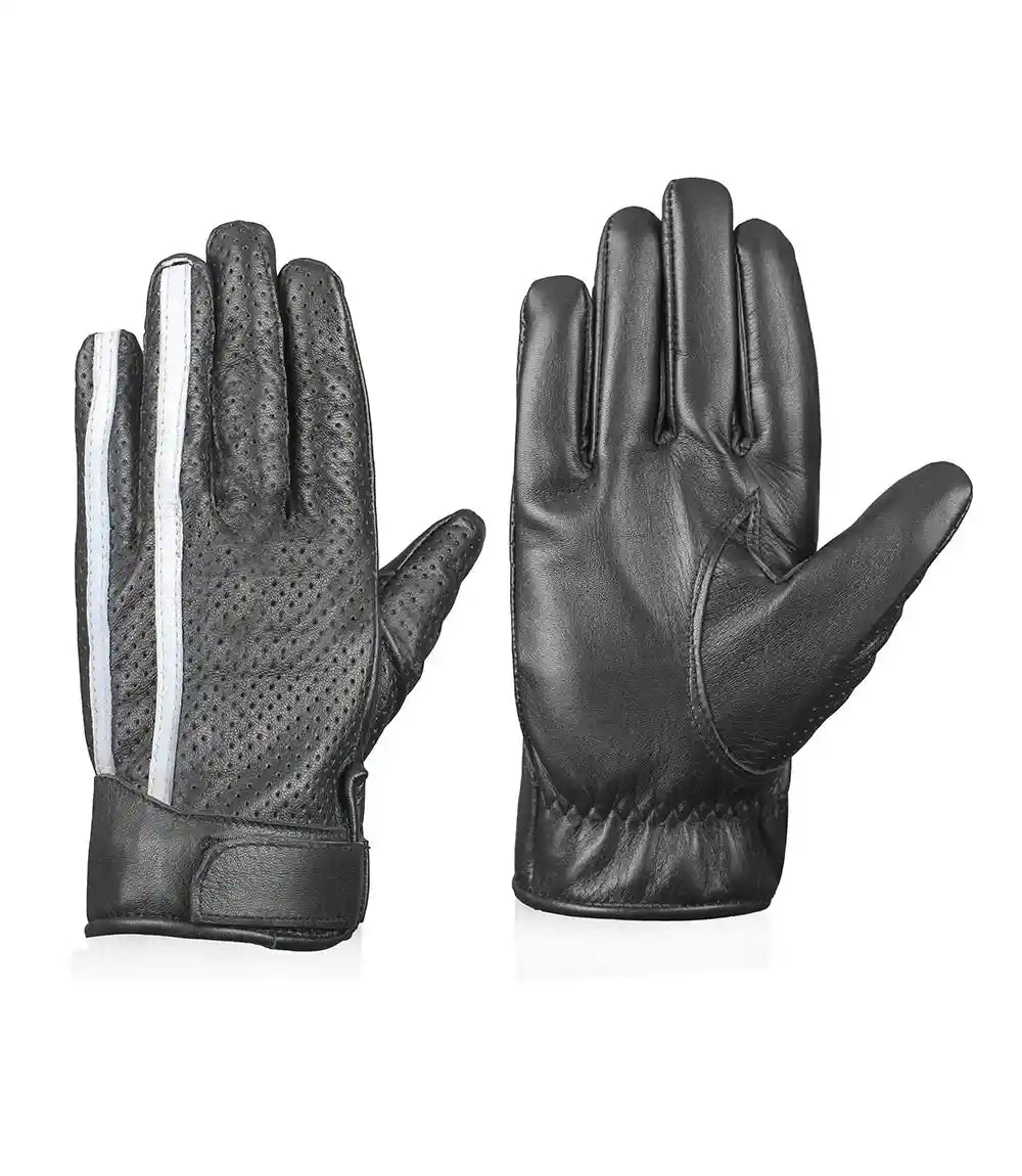 Mens White Stripe Perforated Black Leather Gloves