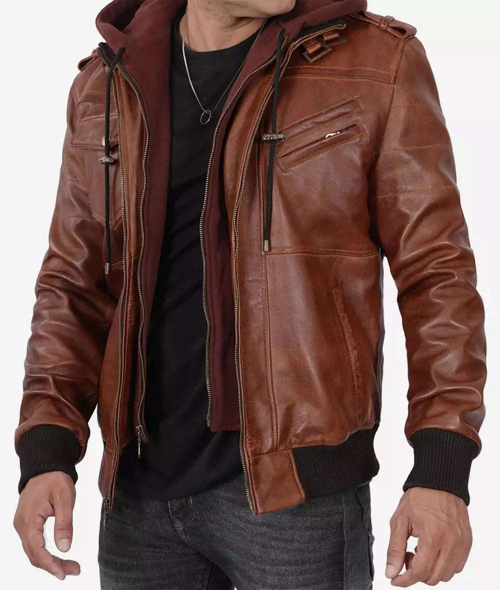 Mens Tall Brown Leather Bomber Jacket with Hood