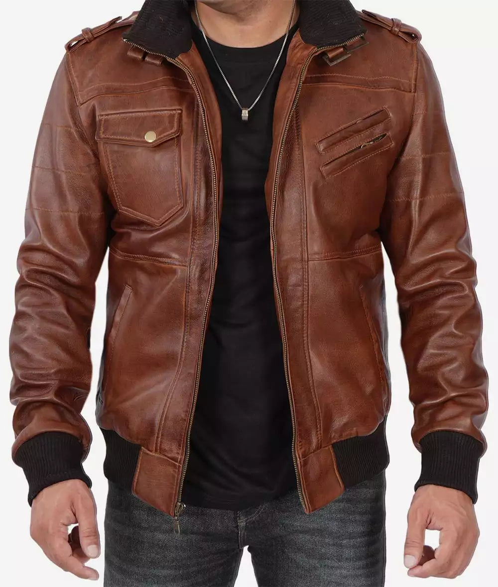Mens Tall Brown Leather Bomber Jacket with Hood