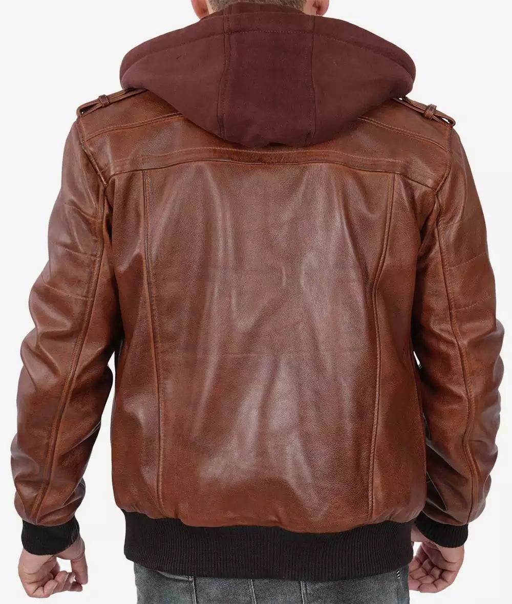 Mens Tall Brown Leather Bomber Jacket with Hood