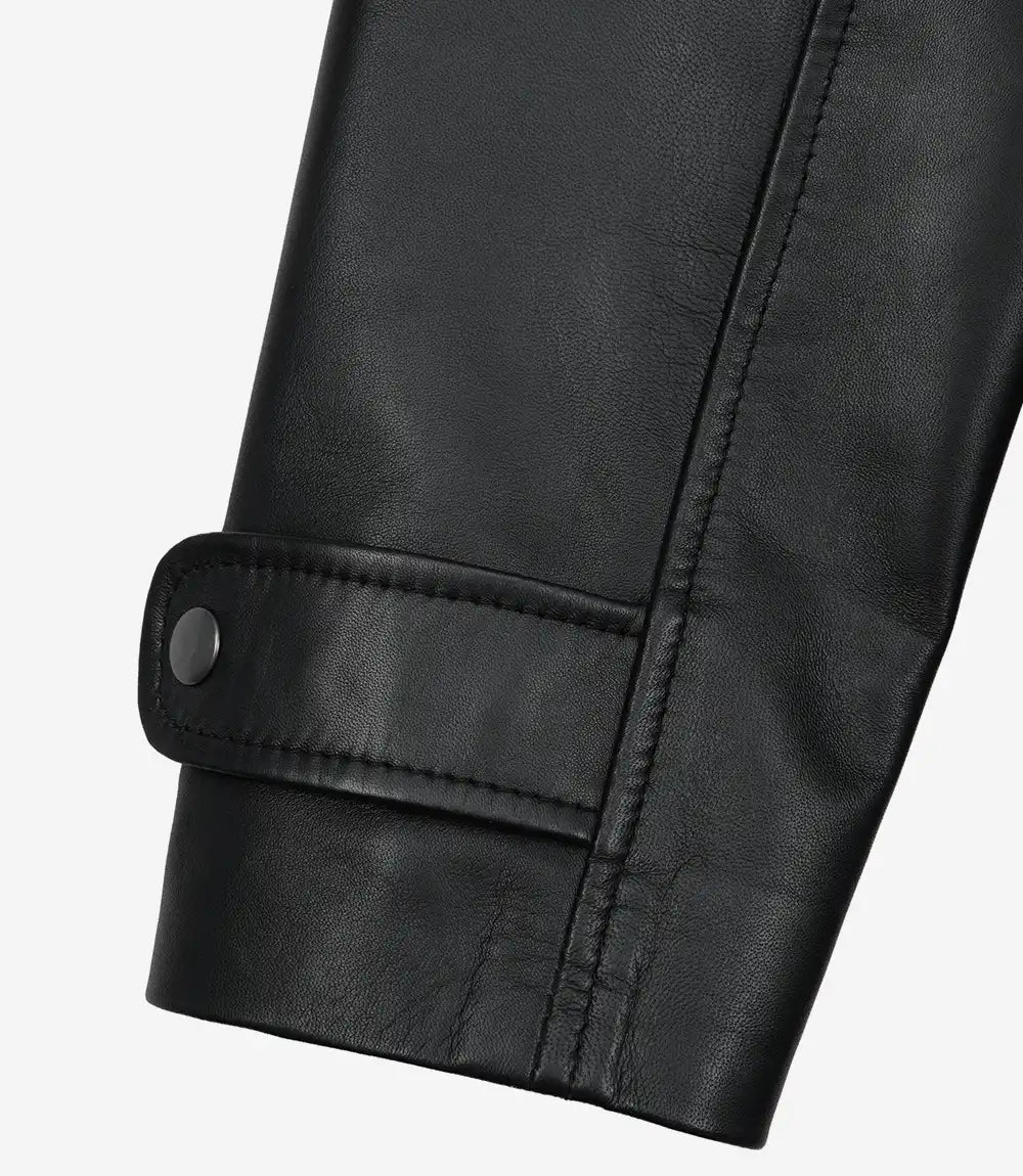 Erin Mens High-Collar Black Leather Jacket With Brown Details