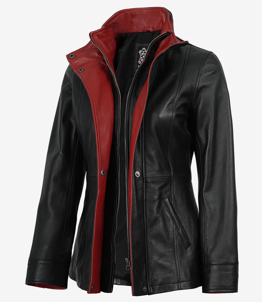 Erin Women's High-Collar Black Leather Jacket With Red Details