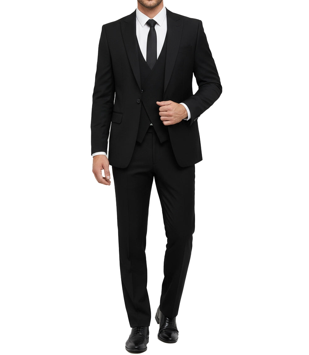 Men's Black Cotton Blend 3-Piece Suit — Single Button Notch Lapel