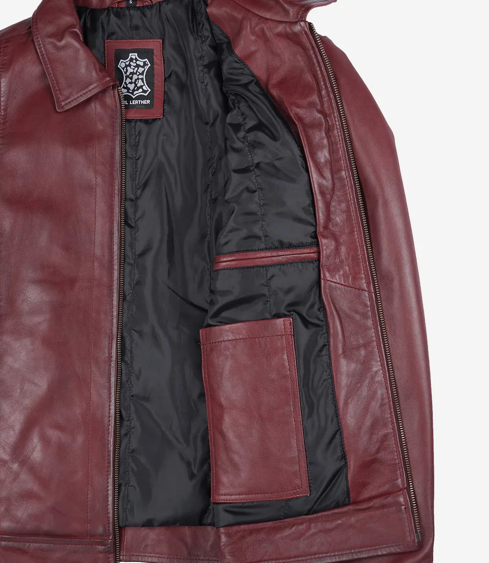 Mens Classic Shirt Collar Maroon Leather Jacket