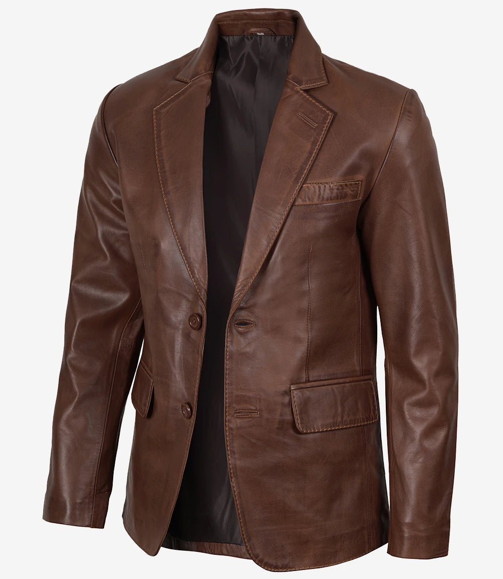 Herren-Blazer aus gewachstem Leder mit zwei Knöpfen in Cognac – Revers