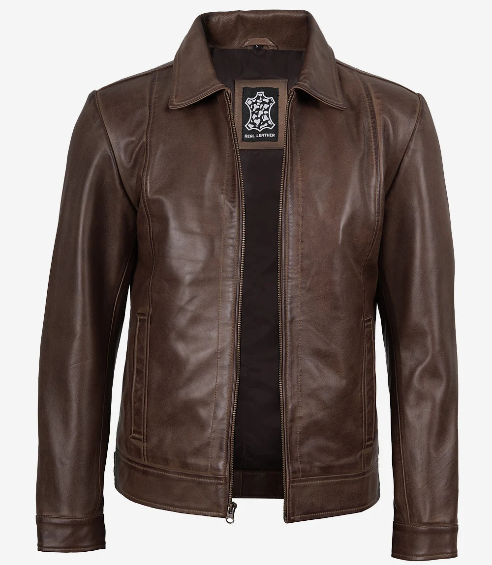 Mens Shirt Collar Chocolate Brown Leather Jacket | Shop Now – FJackets