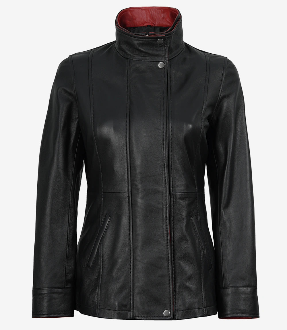 Erin Women's High-Collar Black Leather Jacket With Red Details