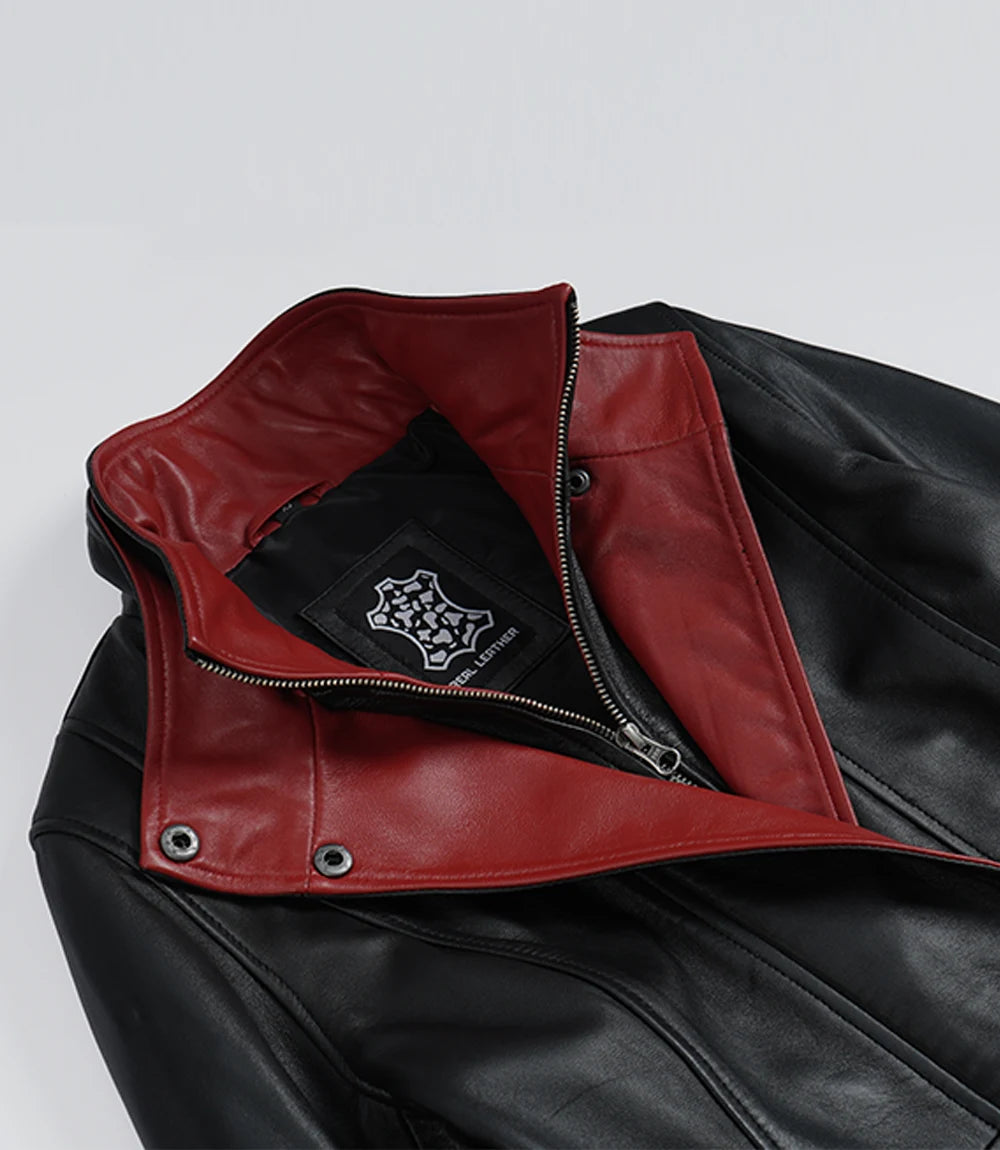 Erin Women's High-Collar Black Leather Jacket With Red Details