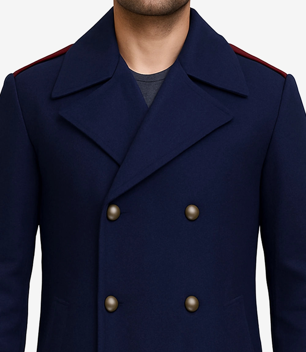Men's Navy Blue Wool Coat – Double-Breasted