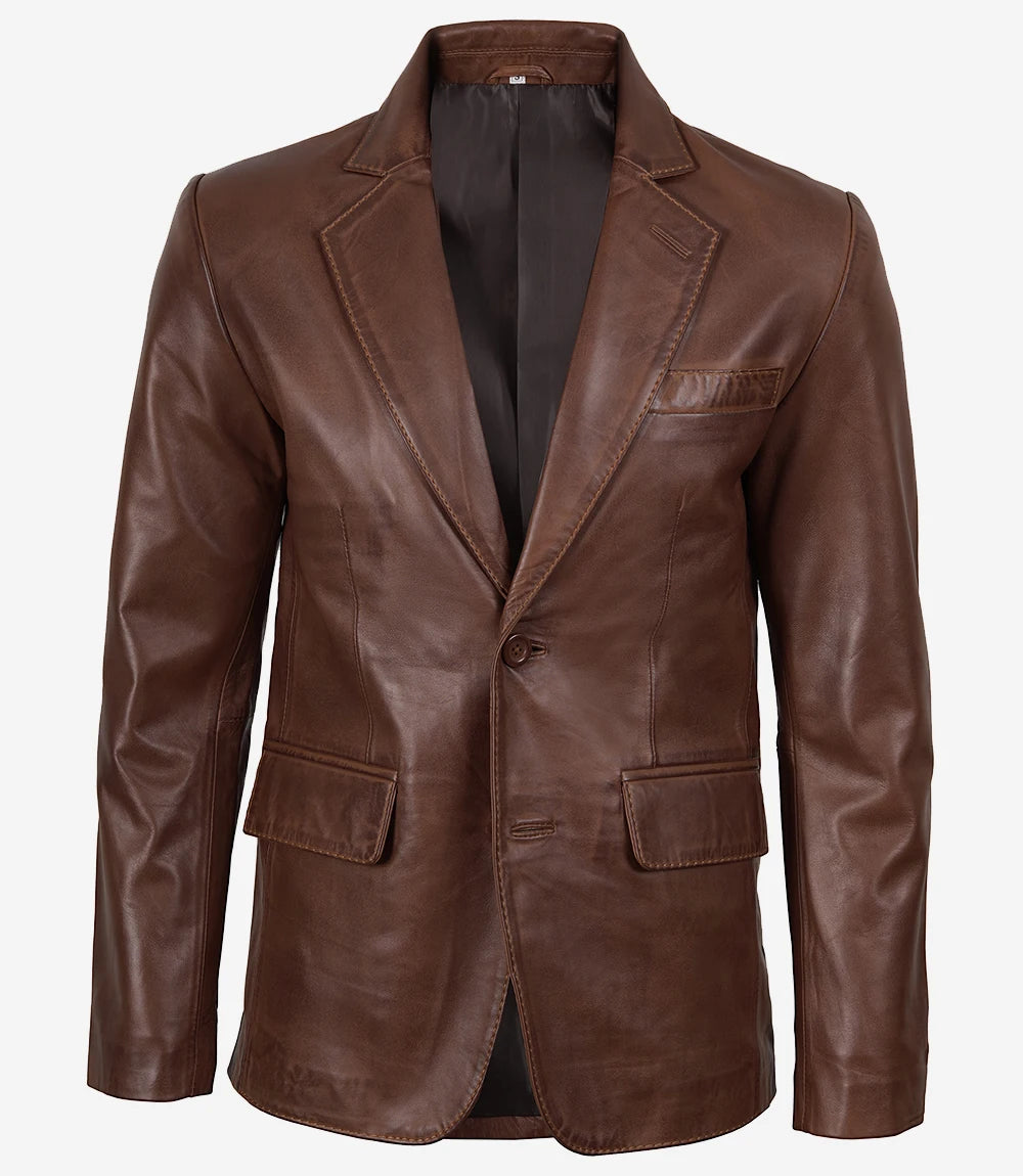 Herren-Blazer aus gewachstem Leder mit zwei Knöpfen in Cognac – Revers