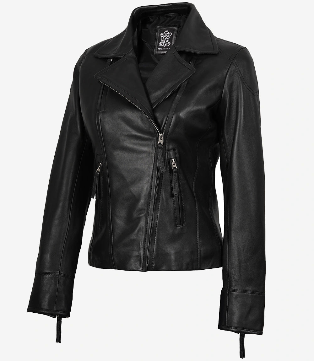 Ramsey Damen Asymmetrische schwarze Lederjacke im Biker-Stil