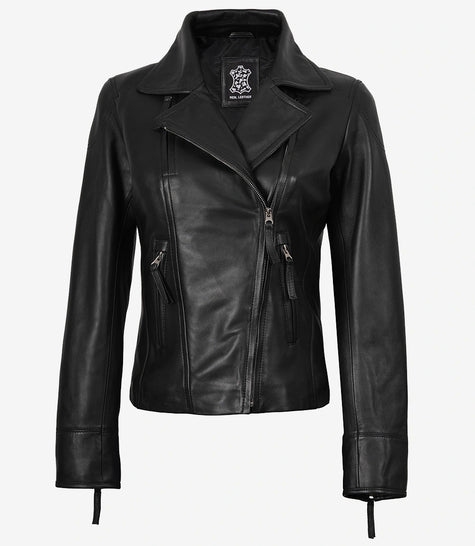 Ramsey Damen Asymmetrische schwarze Lederjacke im Biker-Stil