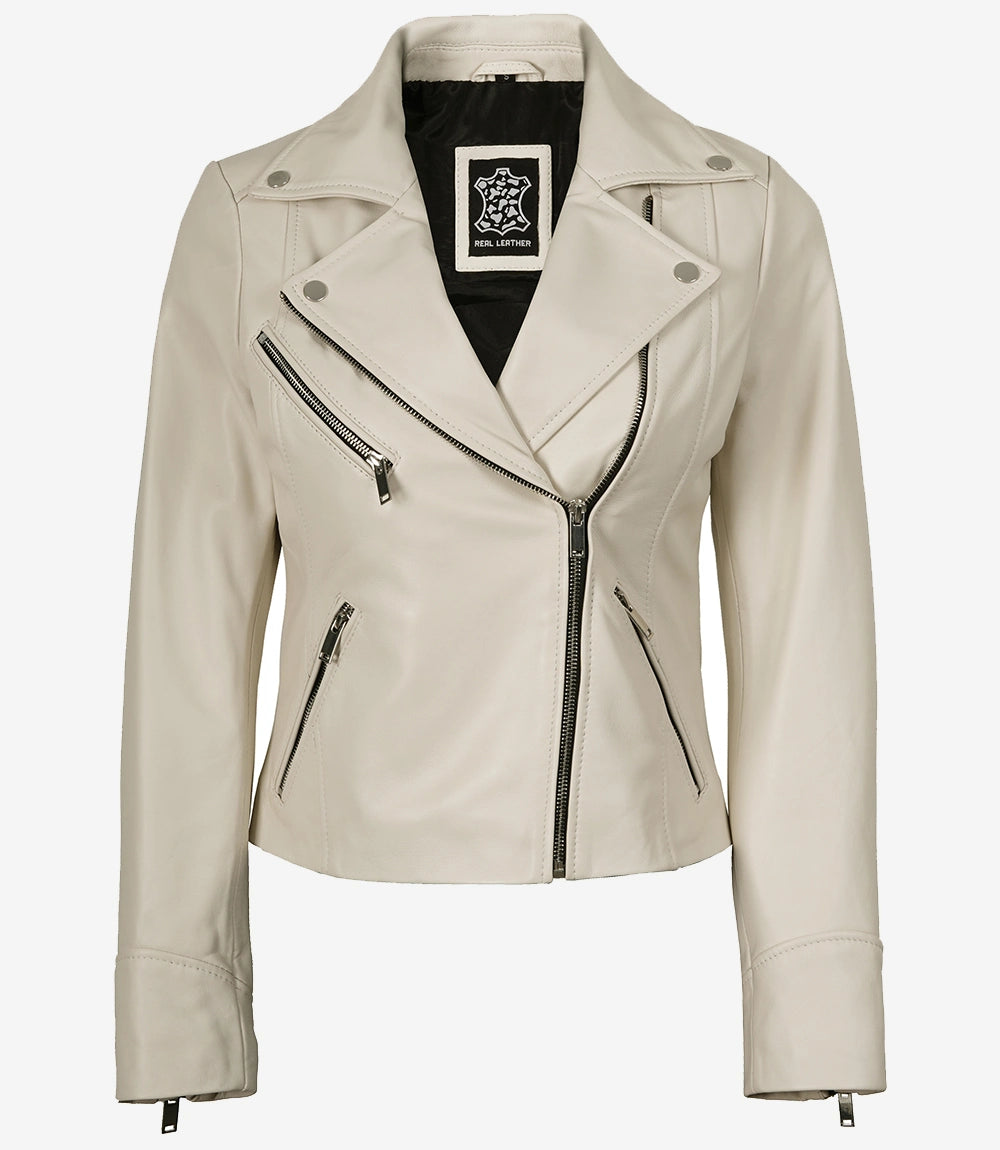 Damenjacke aus echtem Lammleder im Biker-Stil, cremefarben