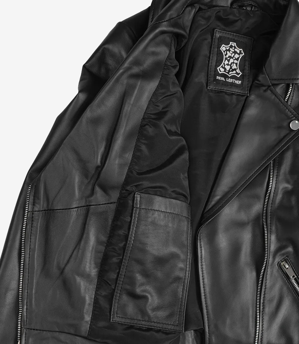 Rita Damen Asymmetrische schwarze Lederjacke im Biker-Stil
