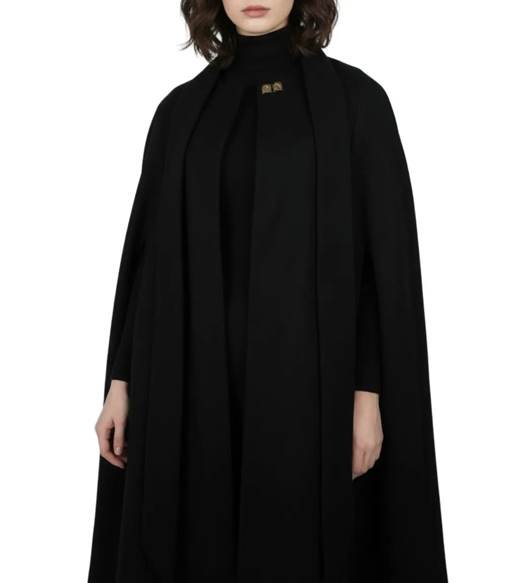 Marrie Damen Cape-Mantel aus Wolle in Schwarz – Langer Wintermantel