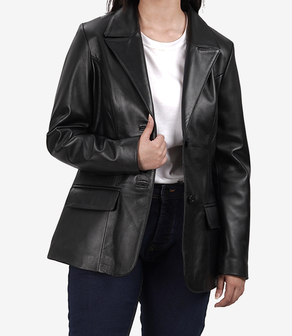 Womens Black Two Button Leather Blazer