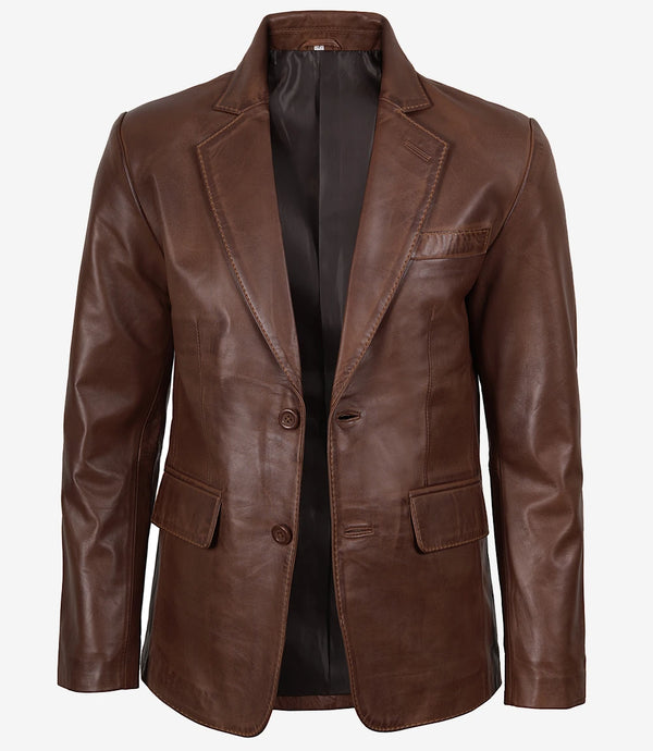 Herren-Blazer aus gewachstem Leder mit zwei Knöpfen in Cognac – Revers