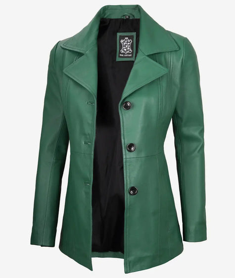 Womens Three Button Green Leather Blazer