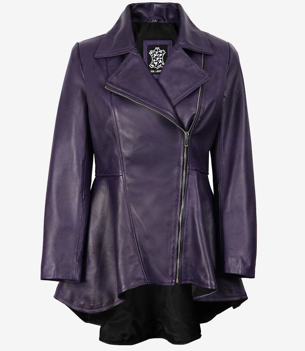 Asymmetrische lilafarbene Lederjacke mit Schößchen für Damen