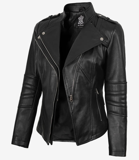 Schwarze Lammfelljacke im Bikerstil für Damen