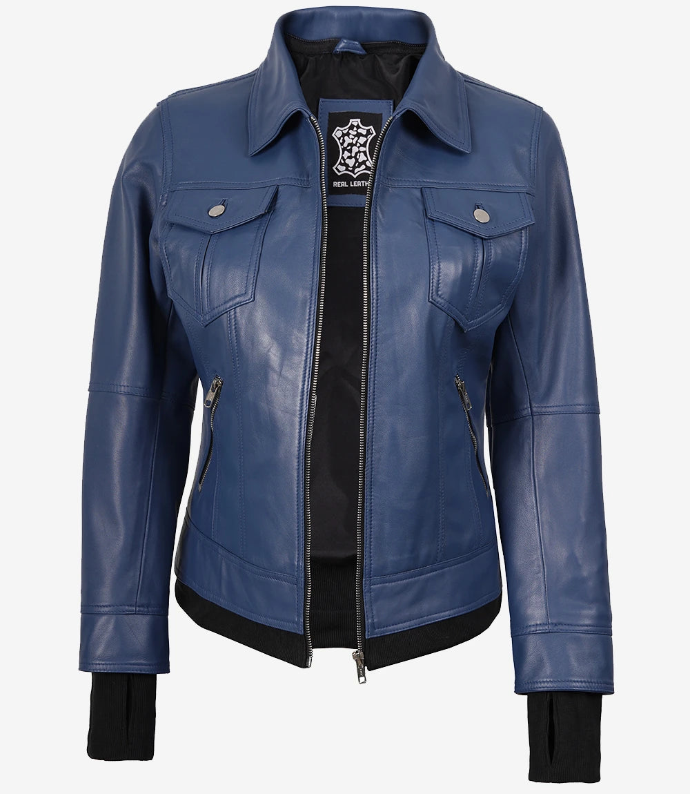 Blaue Bomberjacke aus Leder für Damen mit Kapuze
