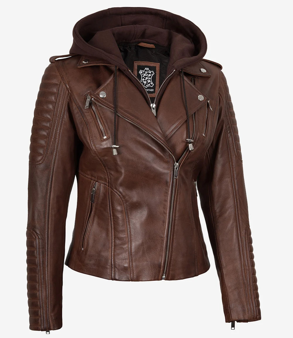Cognacfarbene Lederjacke im Biker-Stil für Damen mit abnehmbarer Kapuze