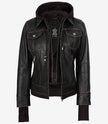 Damen-Bomberlederjacke im Used-Look in Braun mit abnehmbarer Kapuze