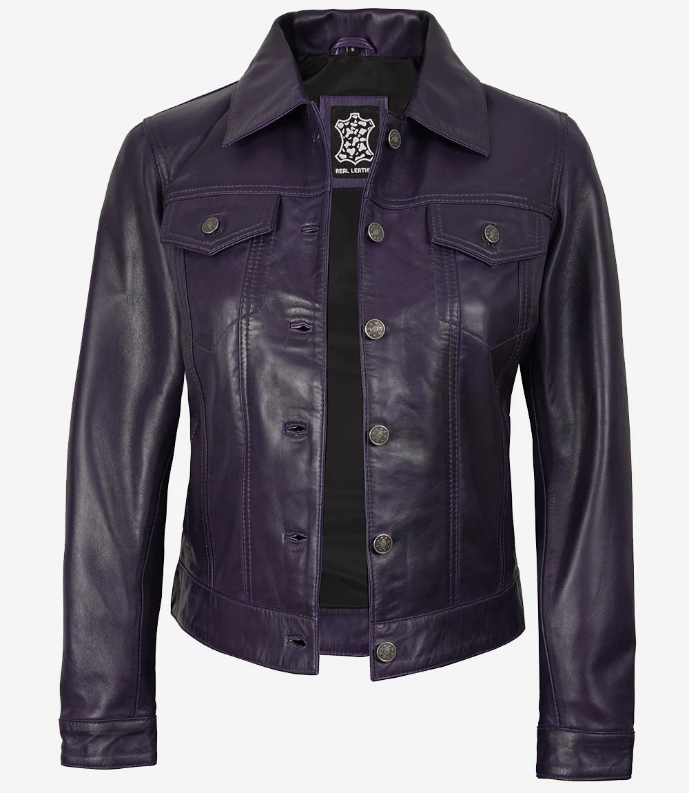 Lila Trucker-Lederjacke für Damen