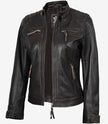 Gesteppte, abgenutzte Damenjacke aus echtem Lammleder in Braun im Biker-Stil
