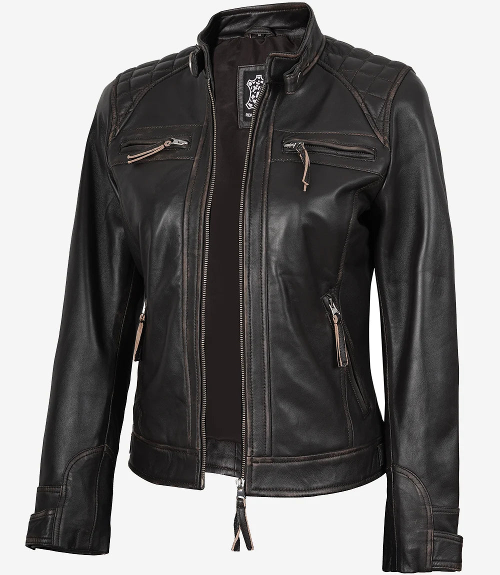 Gesteppte, abgenutzte Damenjacke aus echtem Lammleder in Braun im Biker-Stil
