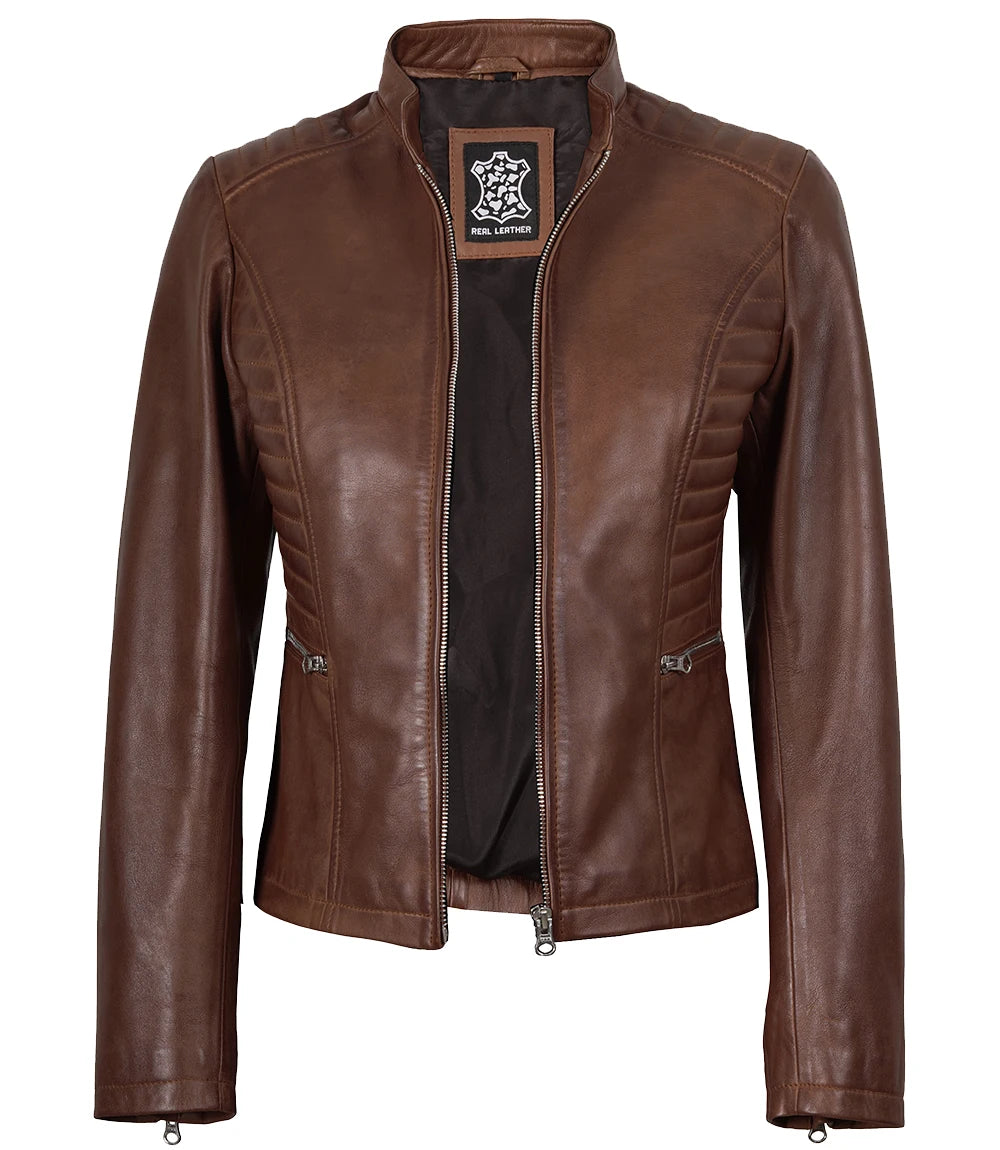 Damenjacke aus echtem Leder im Biker-Stil, Cognac