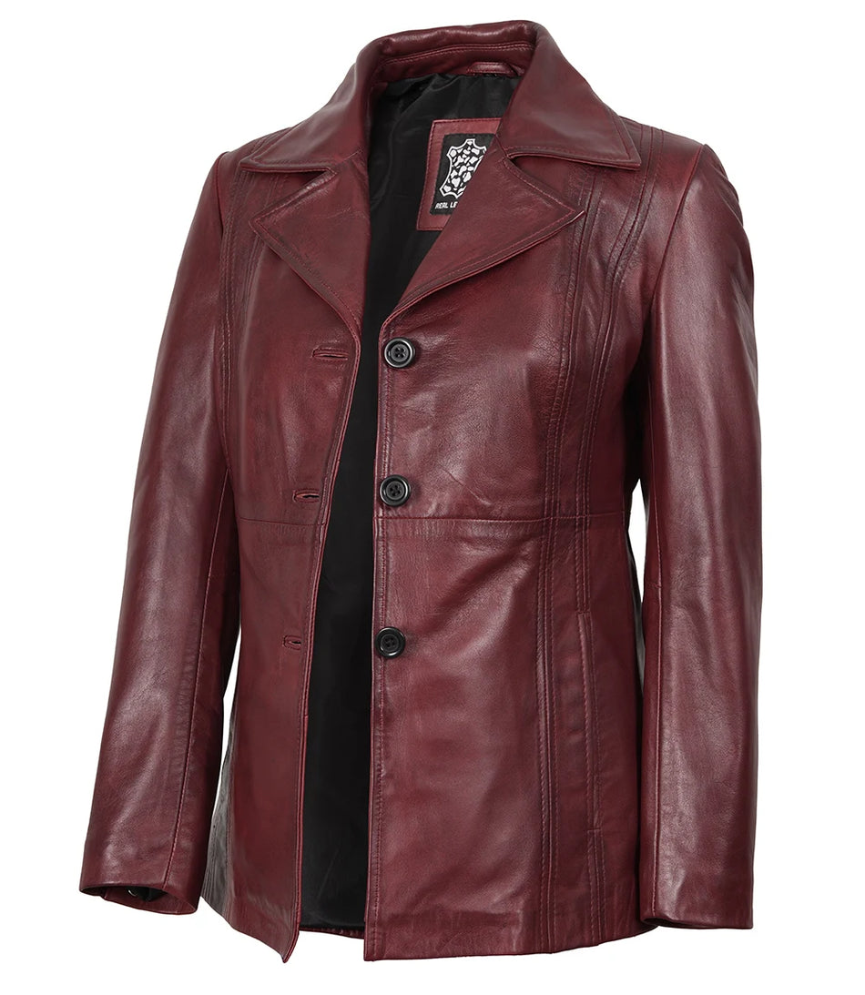 Womens Three Button Burgundy Leather Blazer