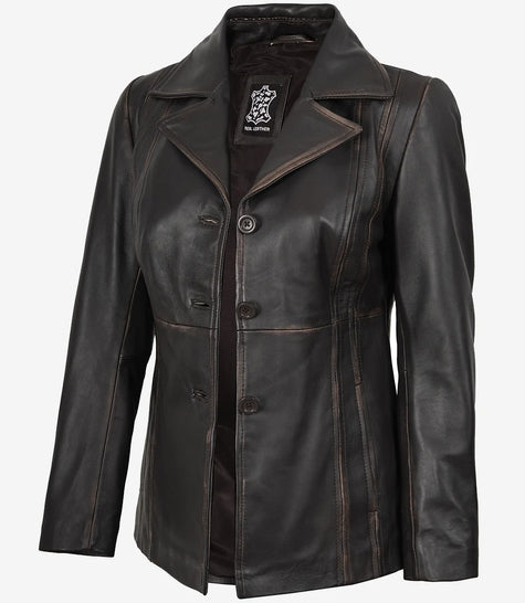 Damenblazer aus braunem Leder im Used-Look mit drei Knöpfen