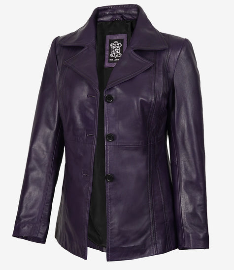 Lilafarbener Damen-Lederblazer mit drei Knöpfen