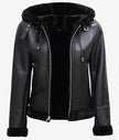 Womens Black Leather Aviator Jacket With Hood