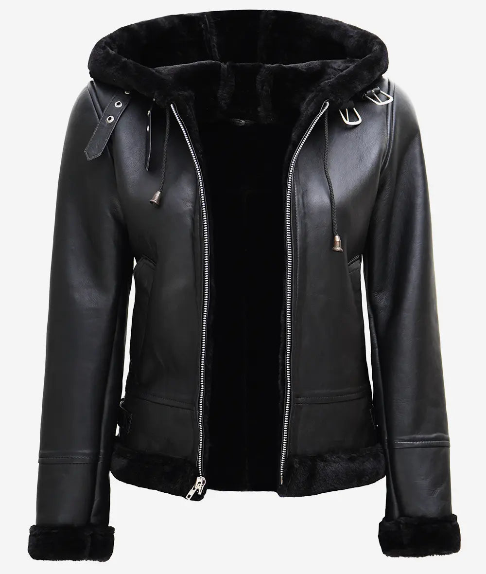 Womens Black Leather Aviator Jacket With Hood