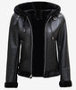 Womens Black Leather Aviator Jacket With Hood
