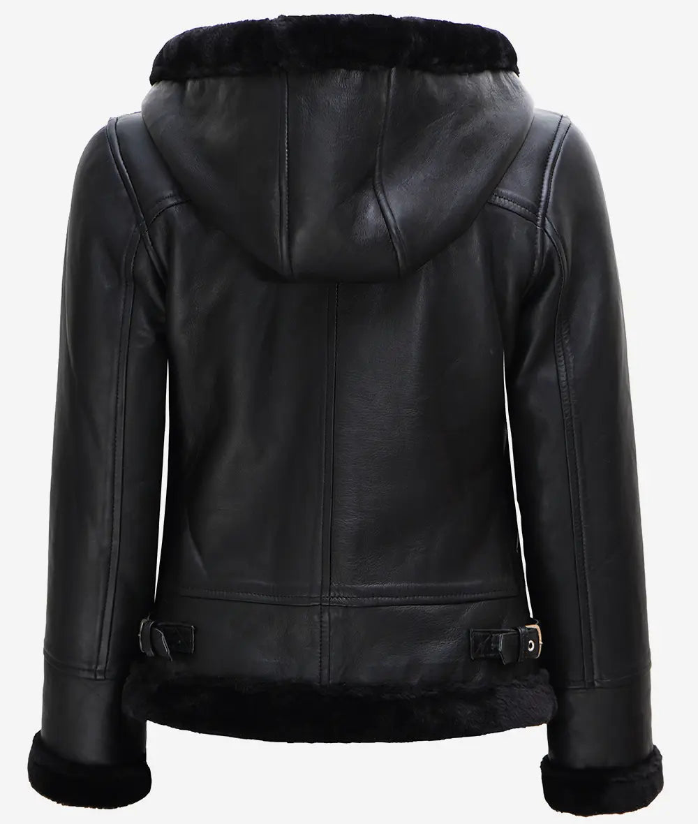 Womens Black Leather Aviator Jacket With Hood
