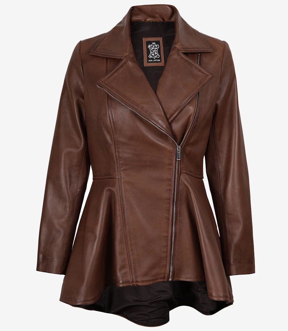 Asymmetrische Cognac-Lederjacke für Damen mit Schößchen