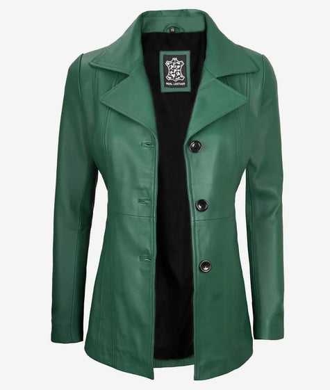 Womens Three Button Green Leather Blazer