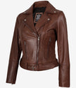 Asymmetrische Cognac-Lederjacke für Damen – Gürtel in der Taille 