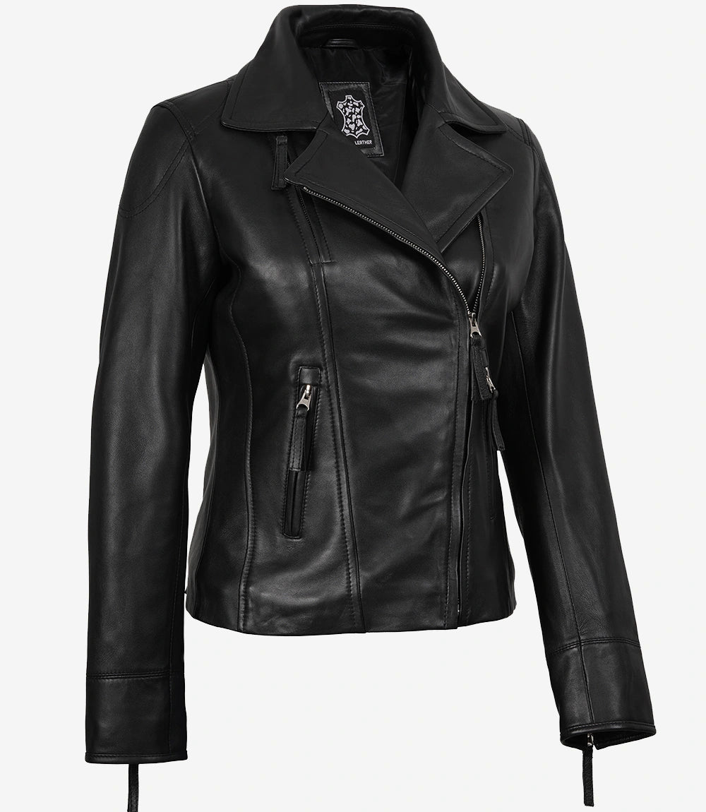 Ramsey Damen Asymmetrische schwarze Lederjacke im Biker-Stil