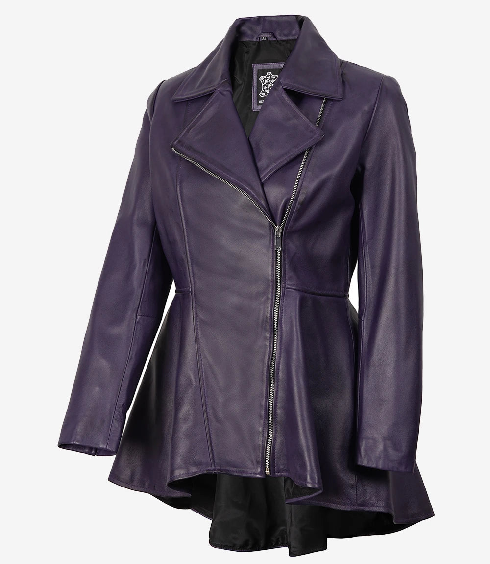 Asymmetrische lilafarbene Lederjacke mit Schößchen für Damen