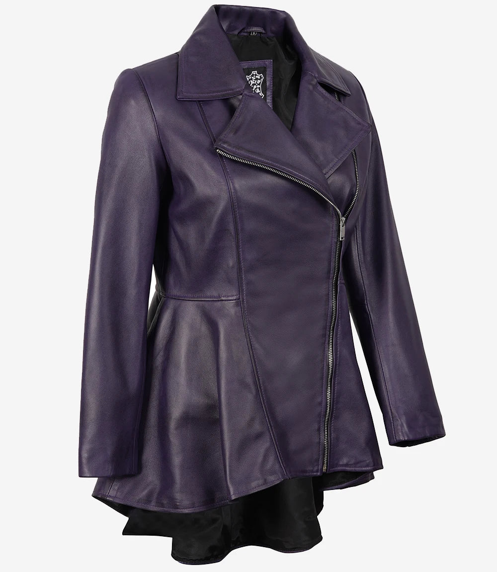 Asymmetrische lilafarbene Lederjacke mit Schößchen für Damen