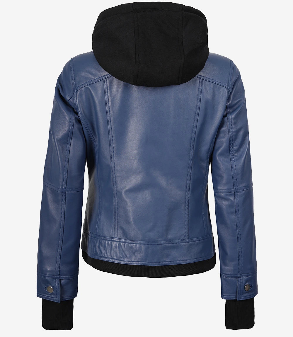Blaue Bomberjacke aus Leder für Damen mit Kapuze