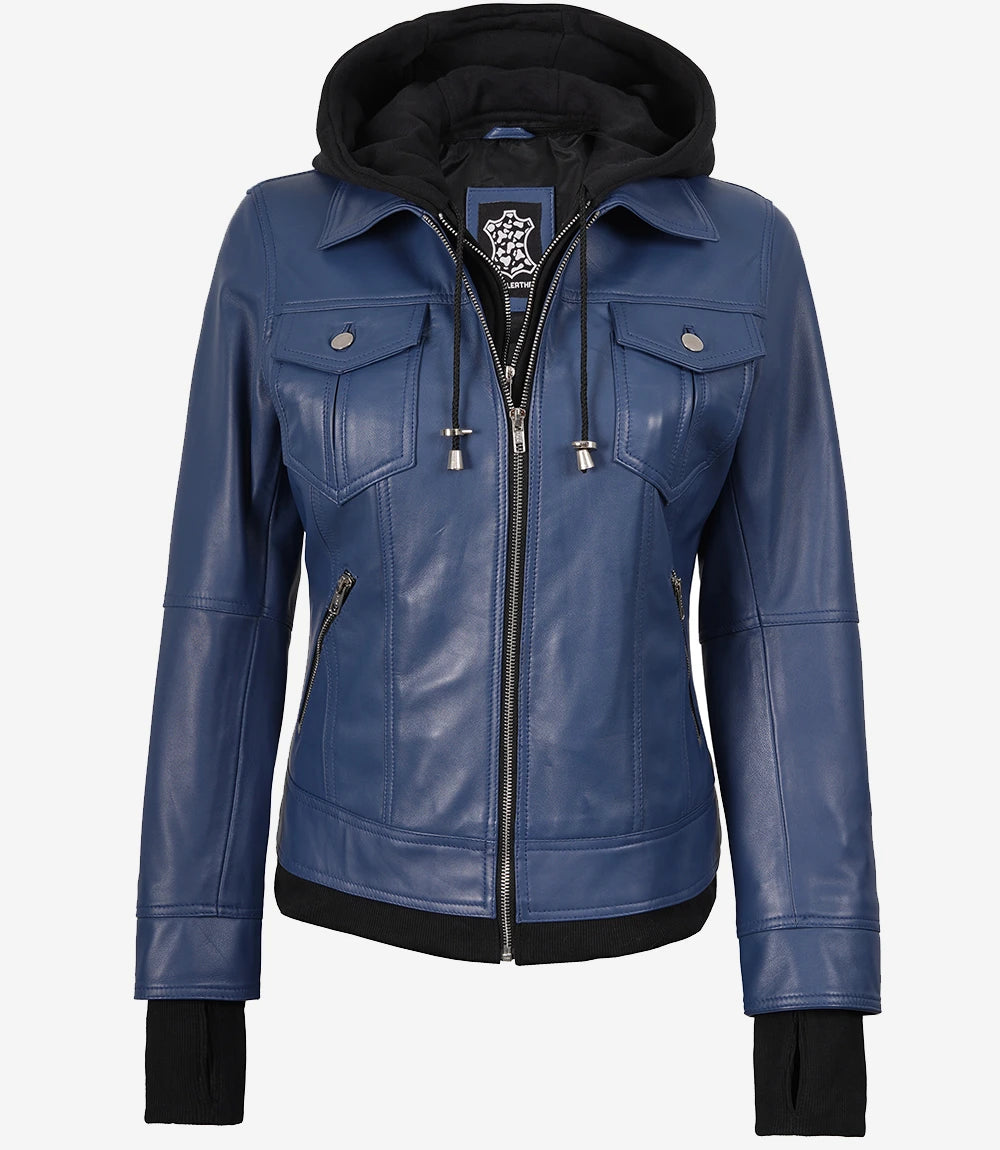 Blaue Bomberjacke aus Leder für Damen mit Kapuze