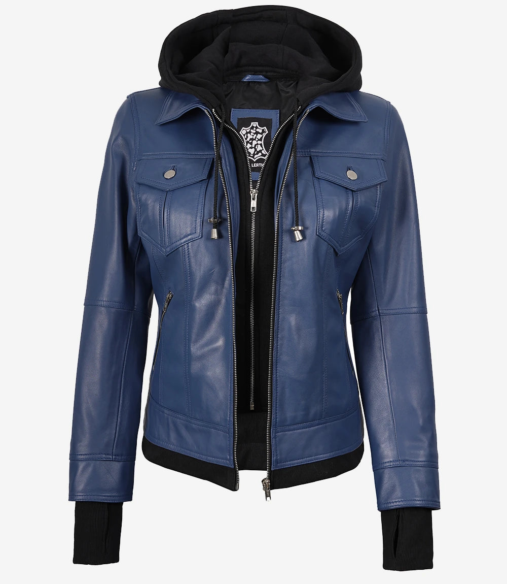 Blaue Bomberjacke aus Leder für Damen mit Kapuze