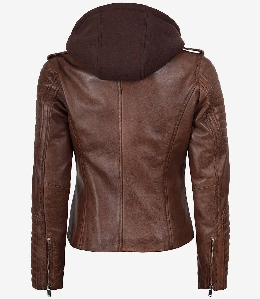 Cognacfarbene Lederjacke im Biker-Stil für Damen mit abnehmbarer Kapuze