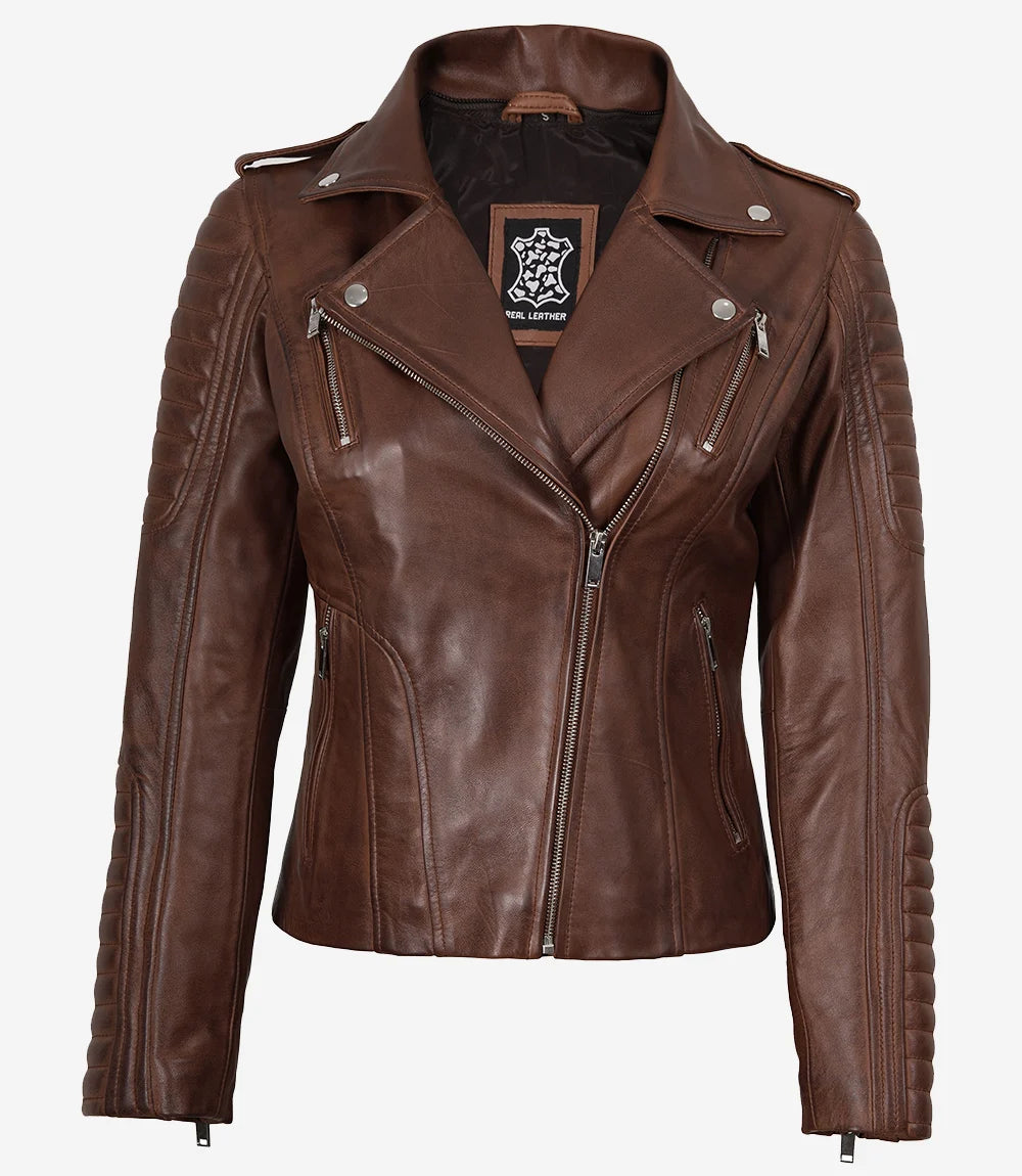 Cognacfarbene Lederjacke im Biker-Stil für Damen mit abnehmbarer Kapuze